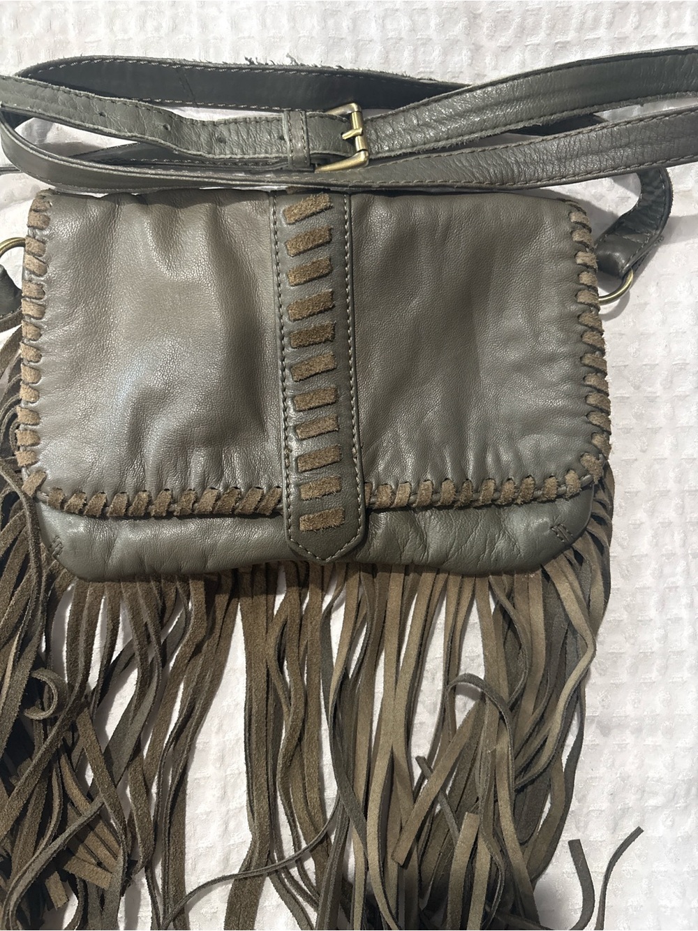 Scully Leather Fringe Crossbody Shoulder Bag in Olive Grey